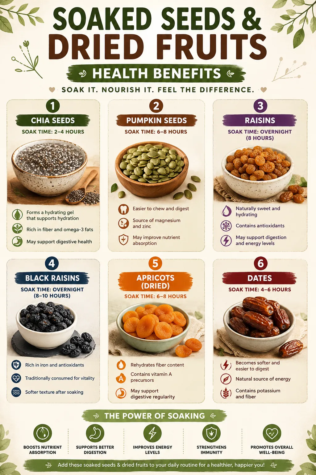 Soaked Seeds and Dried Fruits Benefits — Chia Seeds, Pumpkin Seeds, Raisins, Black Raisins, Apricots, Dates