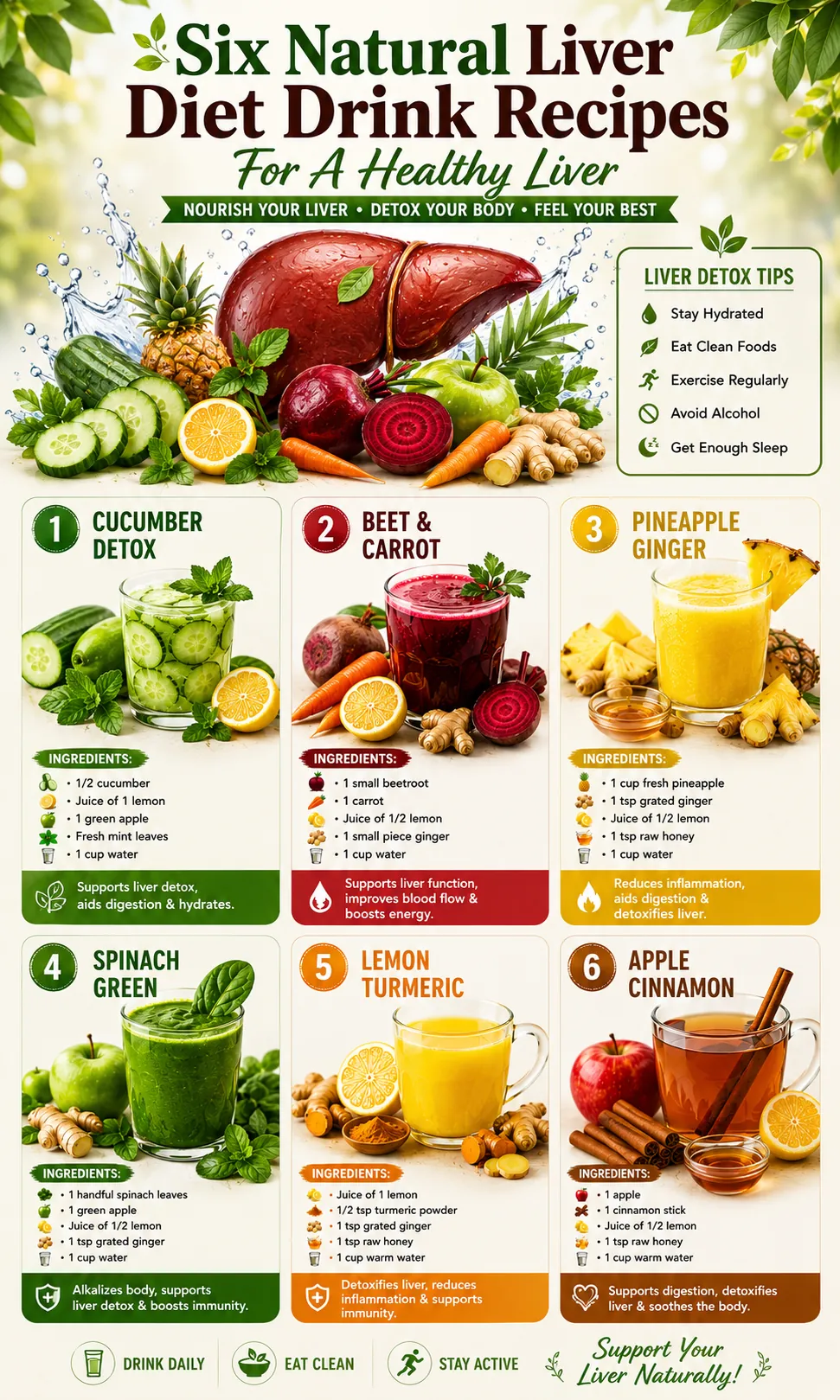 Six Liver Diet Drink Recipes — Cucumber Detox, Beet & Carrot, Pineapple Ginger, Spinach Green, Lemon Turmeric, Apple Cinnamon