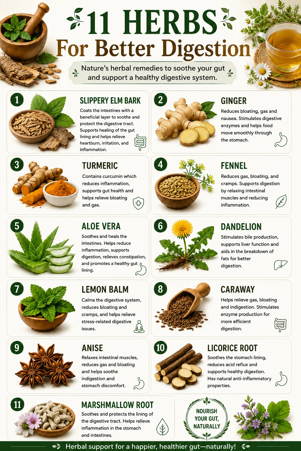 11 Herbs For Better Digestion — Peppermint, Ginger, Turmeric, Fennel, Chamomile, Dandelion, Lemon Balm, Caraway, Anise, Licorice Root, Marshmallow Root