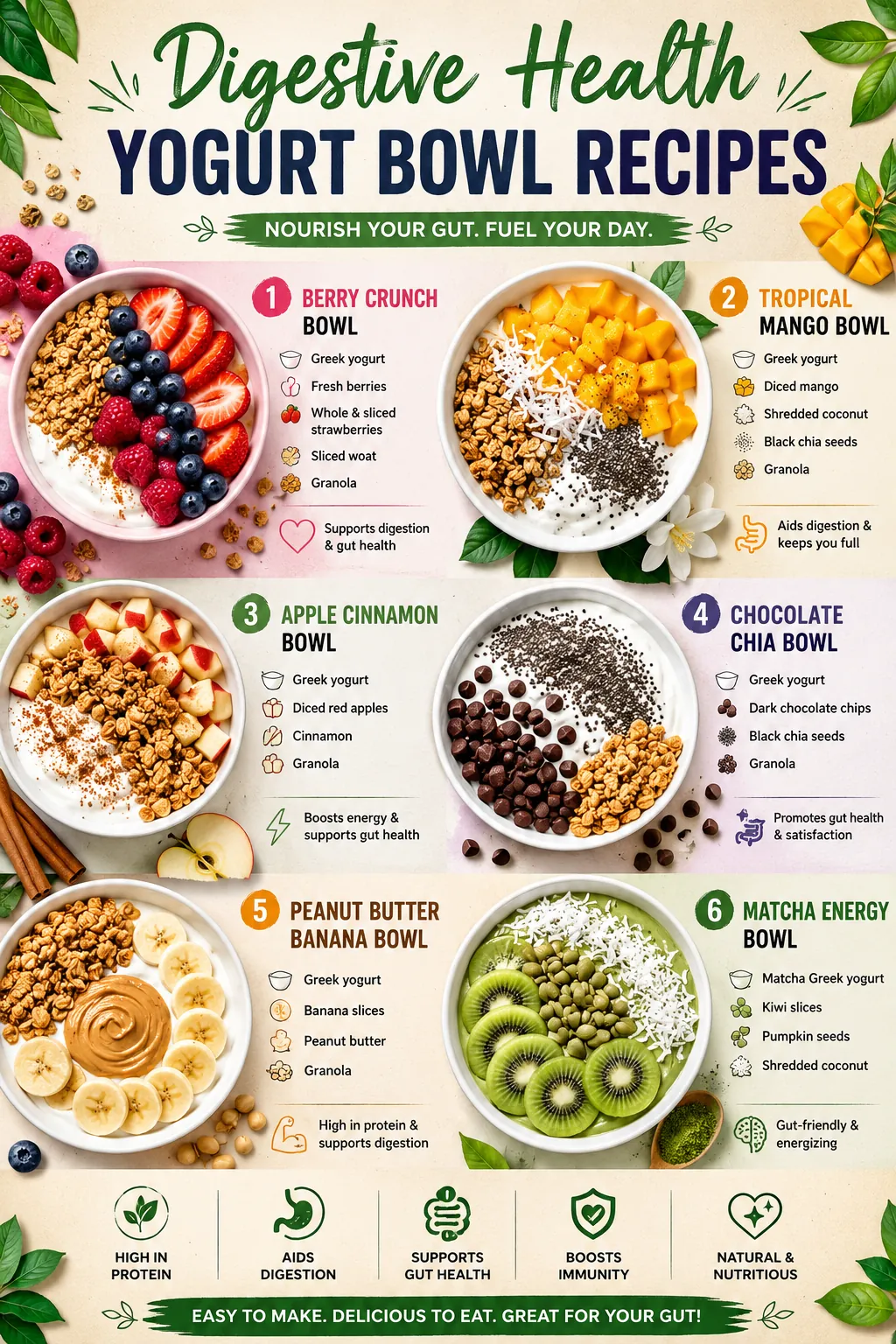 Digestive Health Yogurt Bowl Ideas — Berry Crunch, Tropical Mango, Apple Cinnamon, Chocolate Chia, Peanut Butter Banana, Matcha Energy