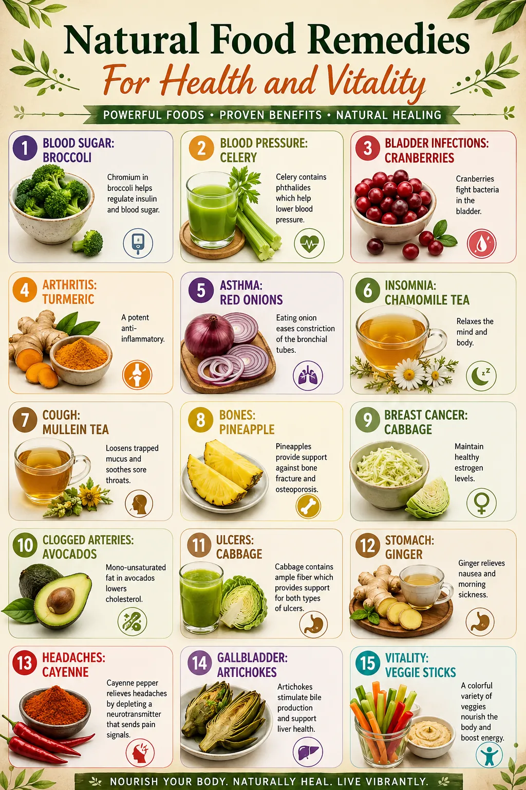 Natural Food Remedies For Health and Vitality — broccoli, celery, cranberries, turmeric, red onions, chamomile tea, mullein tea, pineapple, cabbage, avocados, ginger, cayenne, artichokes, veggie sticks