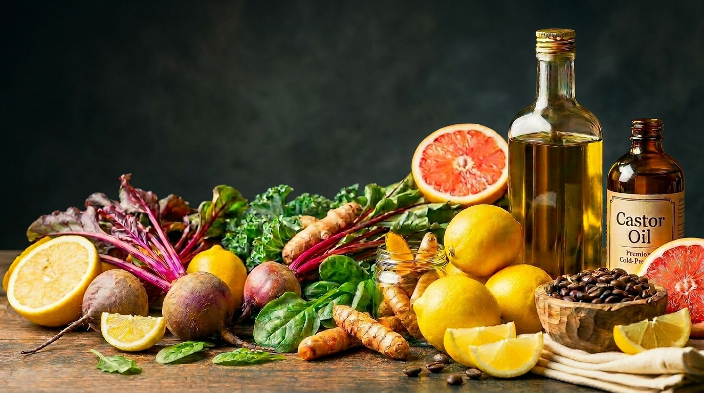Liver flush ingredients — olive oil, citrus, epsom salts, niacin B3, coffee, castor oil pack